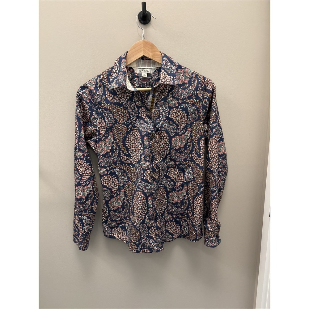 Woman's Orvis Blouse Size 4 Navy Floral Print Velvet And Plaid Trim